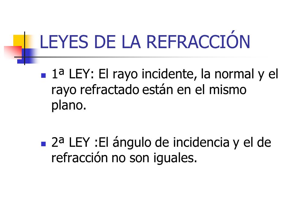 LEYES DE LA REFRACCIÓN 1ª LEY: El rayo incidente, la normal y el rayo refractado están en el mismo plano.