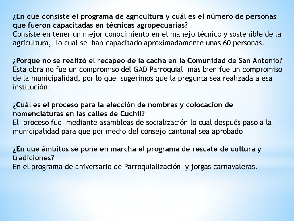 ¿En qué consiste el programa de agricultura y cuál es el número de personas que fueron capacitadas en técnicas agropecuarias