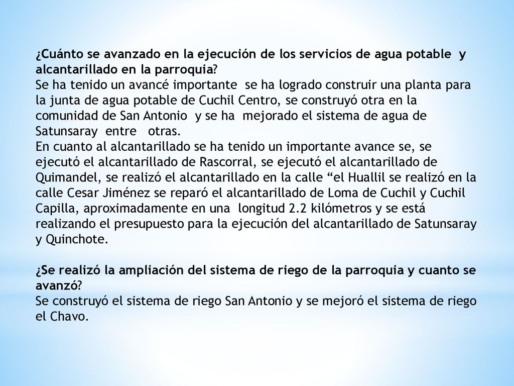 ¿Cuánto se avanzado en la ejecución de los servicios de agua potable y alcantarillado en la parroquia