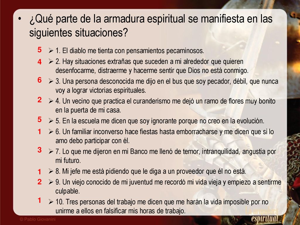 ¿Qué parte de la armadura espiritual se manifiesta en las siguientes situaciones