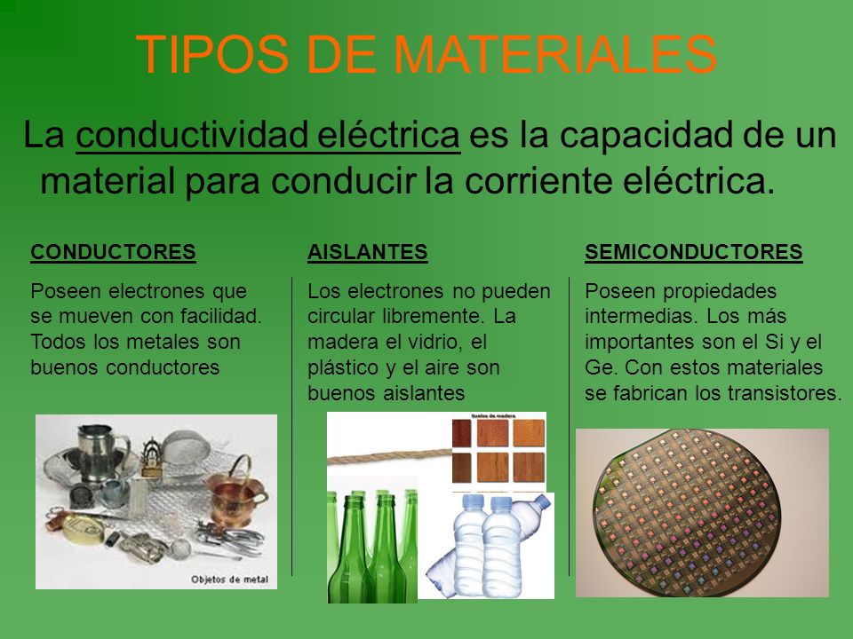 TIPOS DE MATERIALES La conductividad eléctrica es la capacidad de un material para conducir la corriente eléctrica.