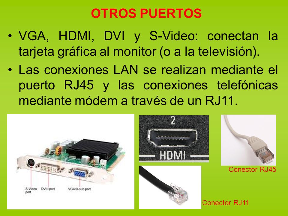 OTROS PUERTOS VGA, HDMI, DVI y S-Video: conectan la tarjeta gráfica al monitor (o a la televisión).
