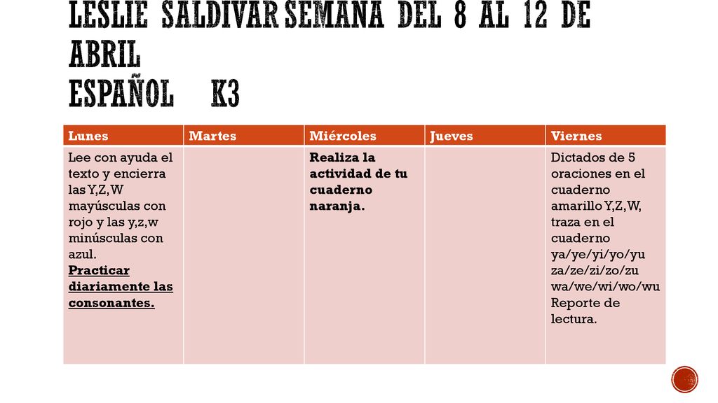 Leslie Saldívar Semana del 8 al 12 de abril Español k3