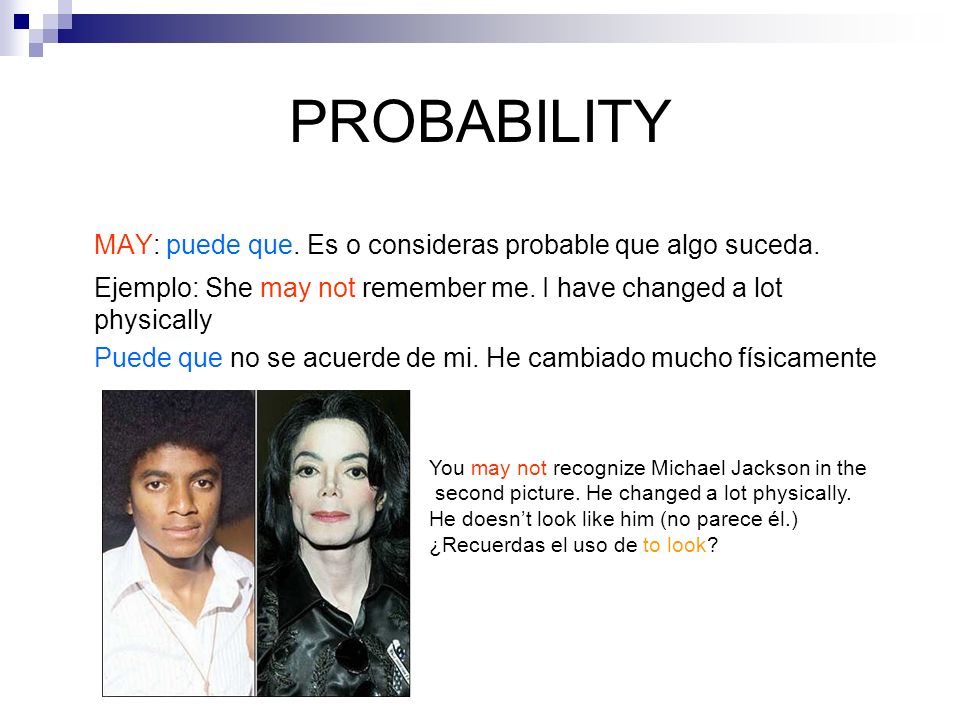 PROBABILITY MAY: puede que. Es o consideras probable que algo suceda.