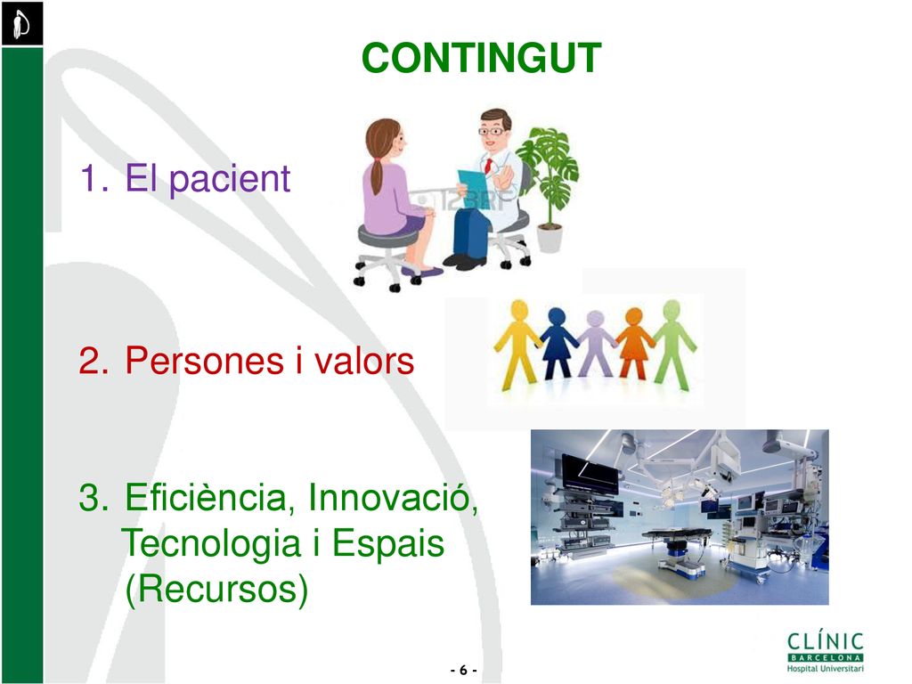 CONTINGUT El pacient Persones i valors Eficiència, Innovació, Tecnologia i Espais (Recursos)