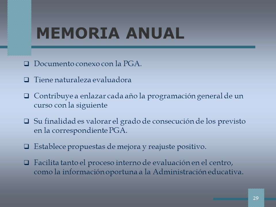 MEMORIA ANUAL Documento conexo con la PGA. Tiene naturaleza evaluadora