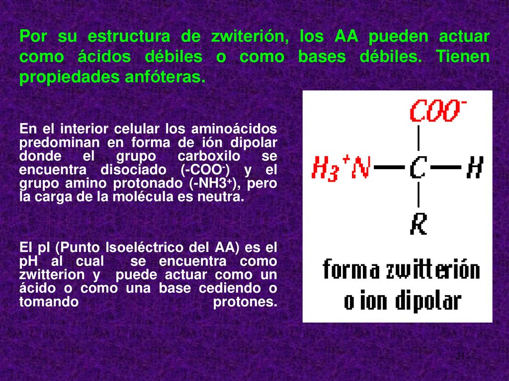 Por su estructura de zwiterión, los AA pueden actuar como ácidos débiles o como bases débiles. Tienen propiedades anfóteras.