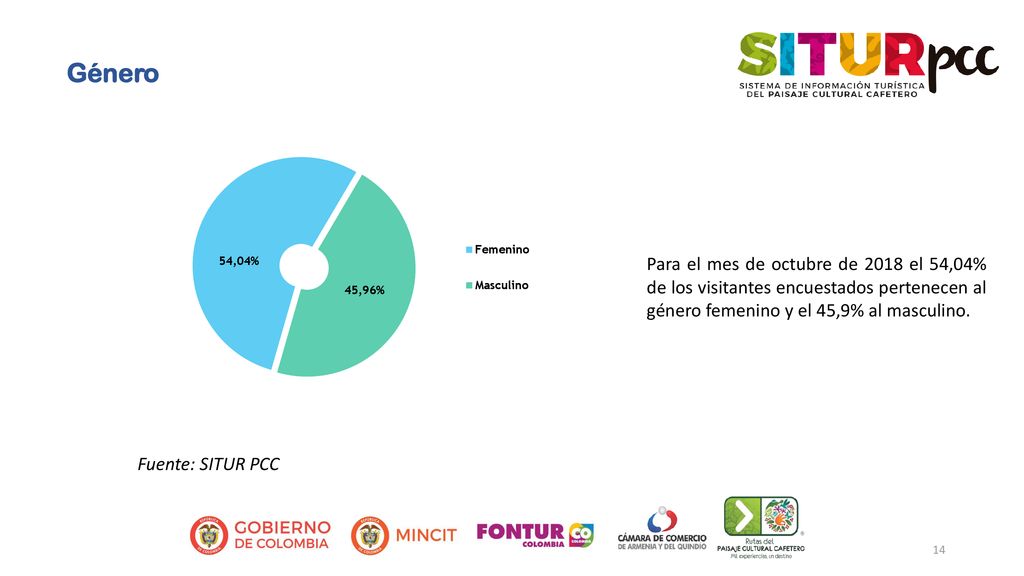 Género Para el mes de octubre de 2018 el 54,04% de los visitantes encuestados pertenecen al género femenino y el 45,9% al masculino.