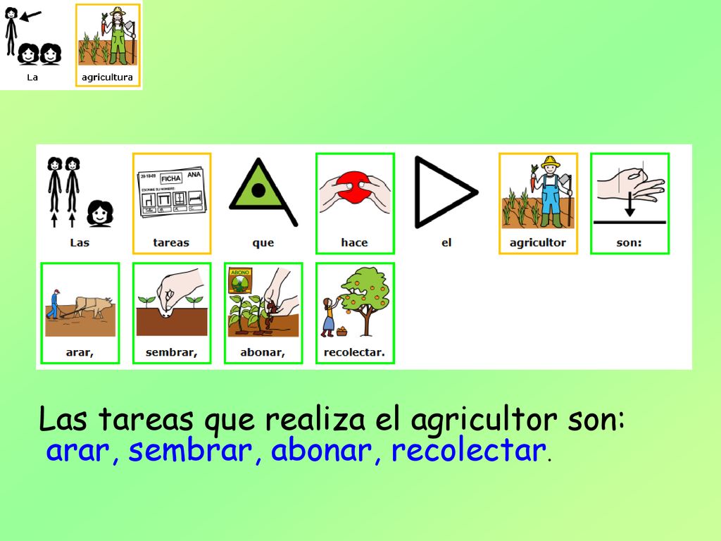 Las tareas que realiza el agricultor son: arar, sembrar, abonar, recolectar.