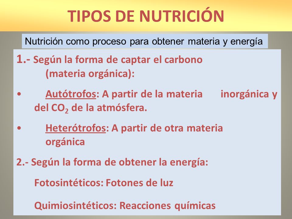 TIPOS DE NUTRICIÓN Nutrición como proceso para obtener materia y energía. 1.- Según la forma de captar el carbono (materia orgánica):