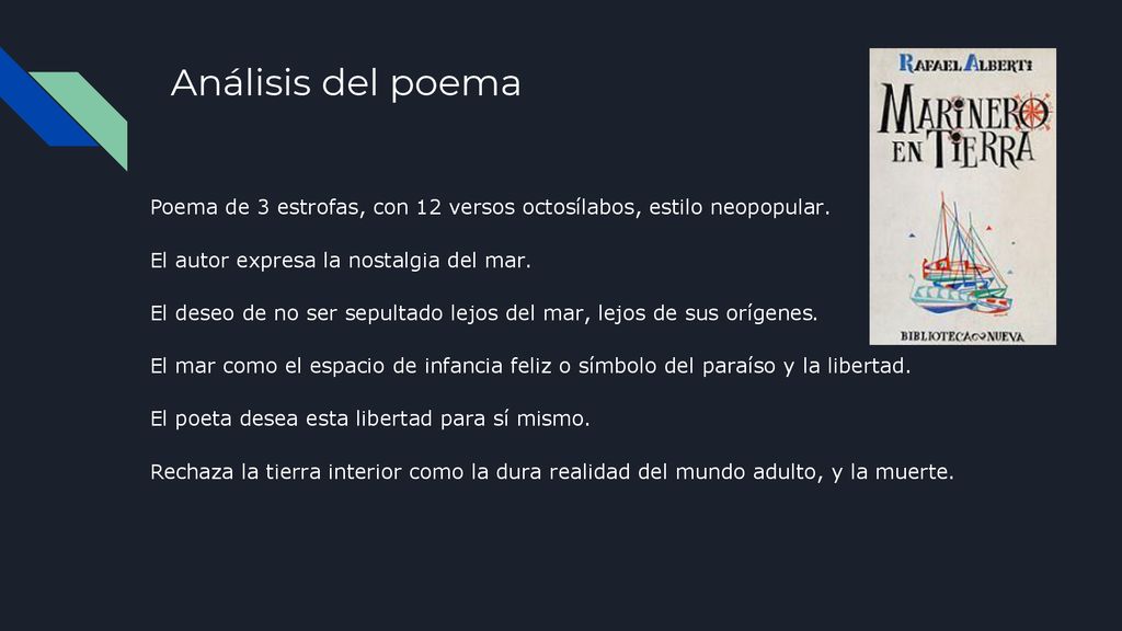 Análisis del poema Poema de 3 estrofas, con 12 versos octosílabos, estilo neopopular. El autor expresa la nostalgia del mar.
