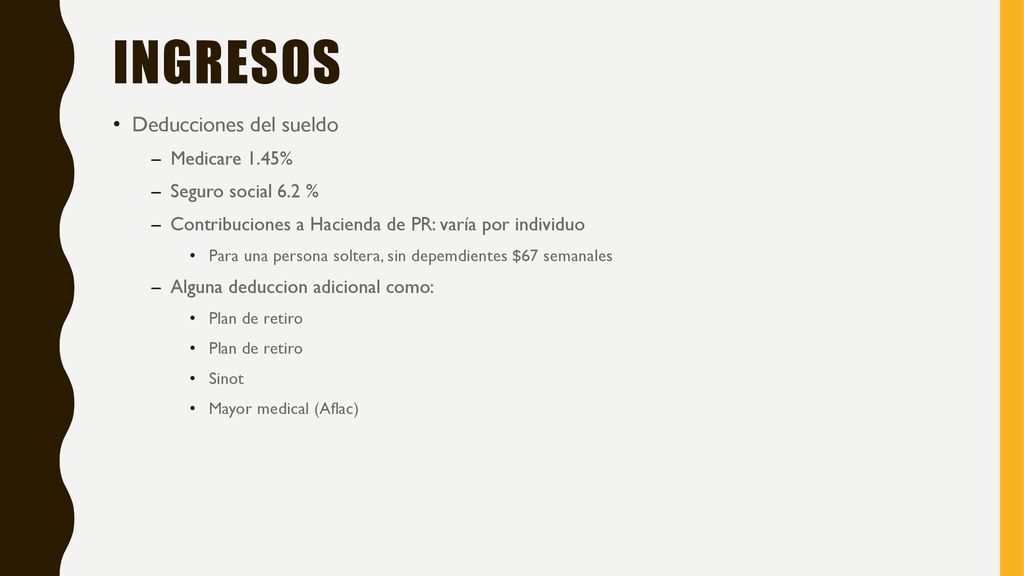 Ingresos Deducciones del sueldo Medicare 1.45% Seguro social 6.2 %