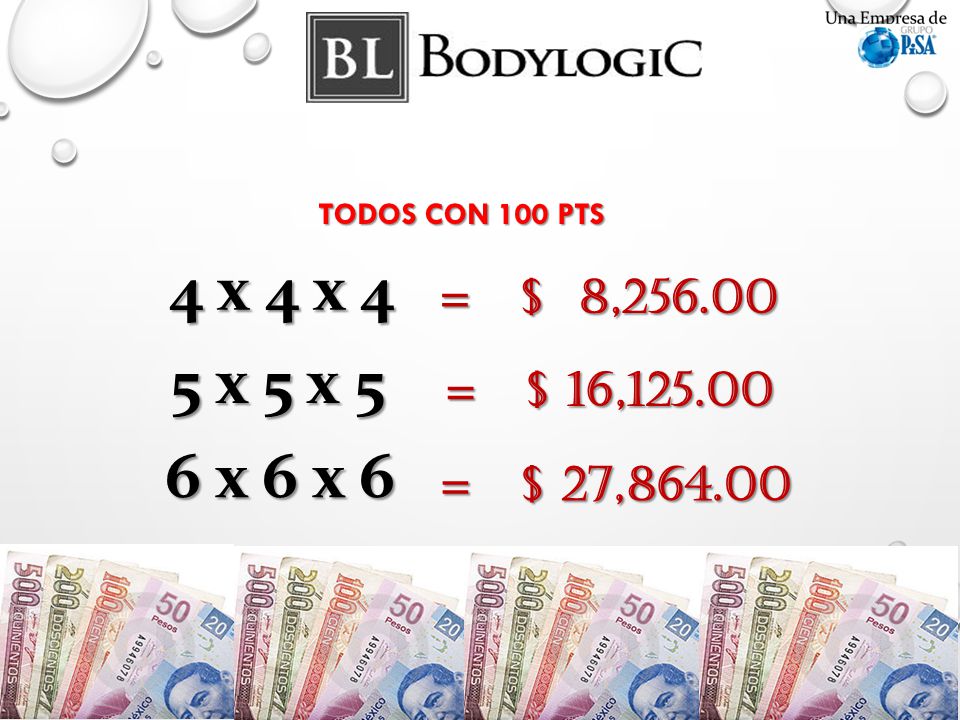 TODOS CON 100 PTS 4 x 4 x 4 = $ 8, x 5 x 5 = $ 16, x 6 x 6 = $ 27,864.00