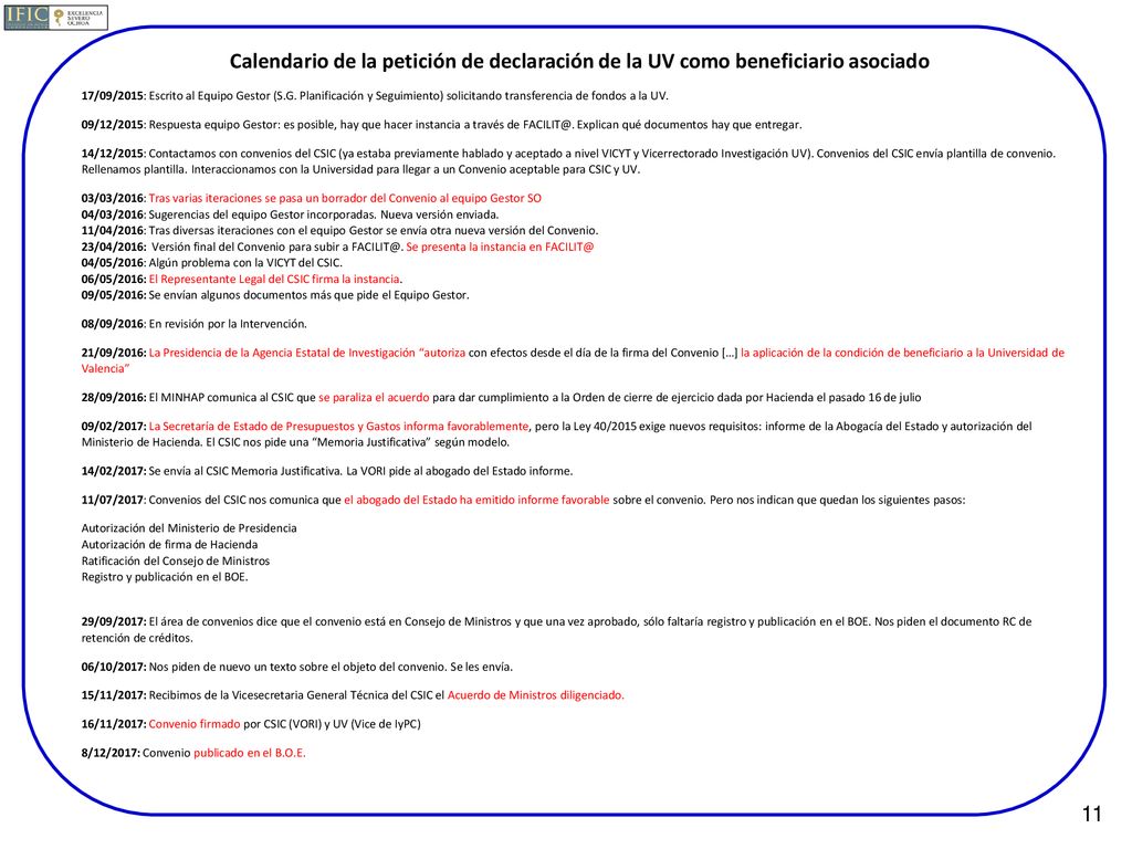 Calendario de la petición de declaración de la UV como beneficiario asociado