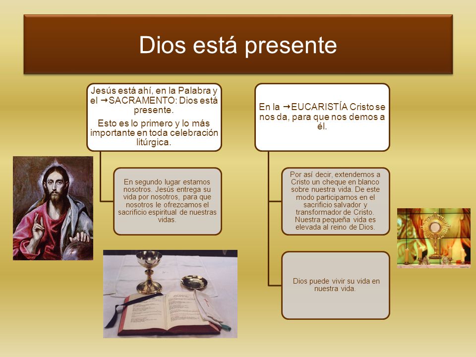 Dios está presente Jesús está ahí, en la Palabra y el SACRAMENTO: Dios está presente.