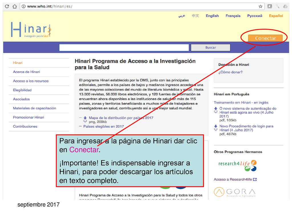 Para ingresar a la página de Hinari dar clic en Conectar.