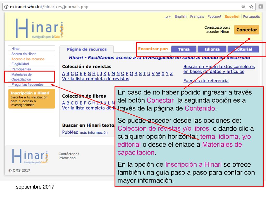En caso de no haber podido ingresar a través del botón Conectar la segunda opción es a través de la página de Contenido.