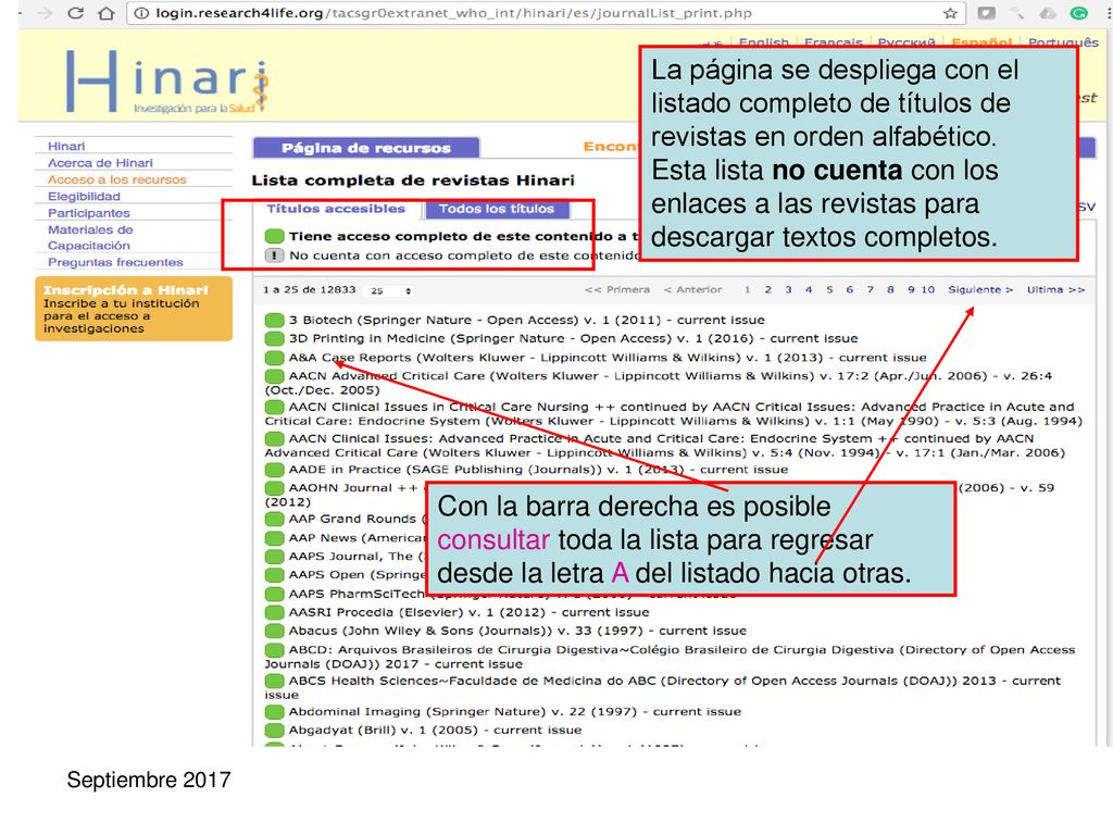 La página se despliega con el listado completo de títulos de revistas en orden alfabético. Esta lista no cuenta con los enlaces a las revistas para descargar textos completos.