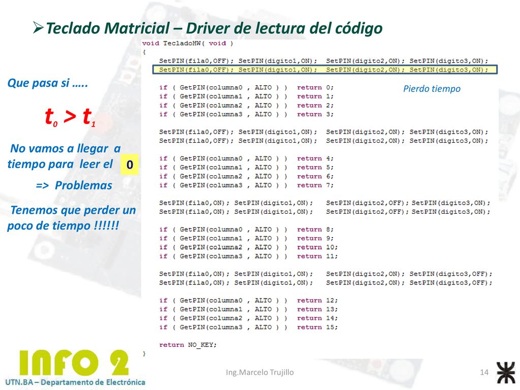 t0 > t1 Teclado Matricial – Driver de lectura del código