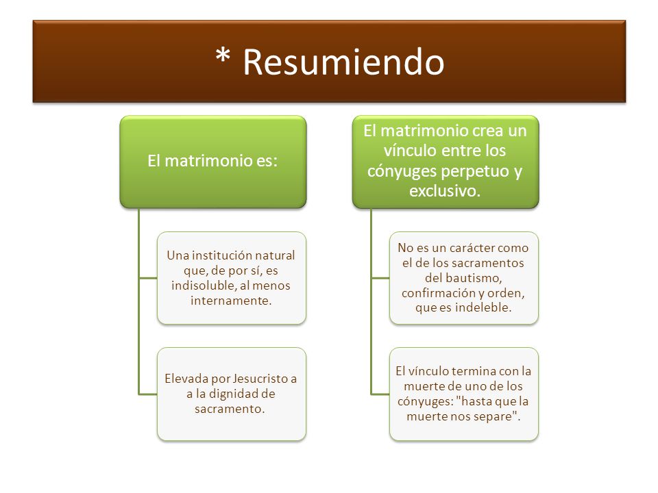 * Resumiendo El matrimonio es: Una institución natural que, de por sí, es indisoluble, al menos internamente.