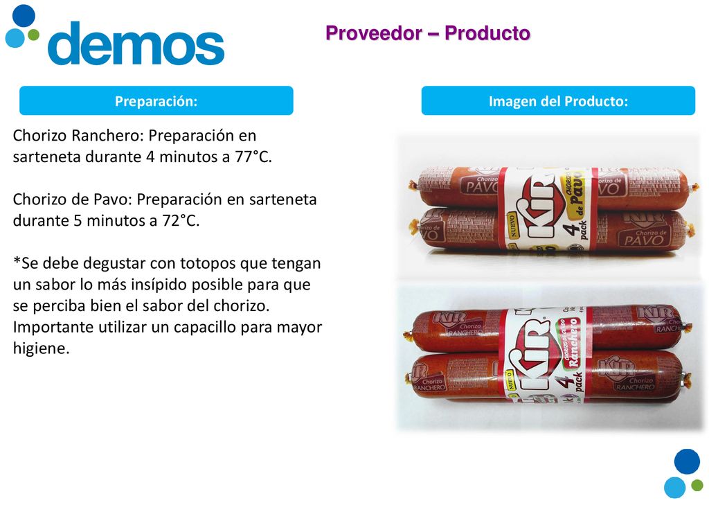 Proveedor – Producto Preparación: Imagen del Producto: Chorizo Ranchero: Preparación en sarteneta durante 4 minutos a 77°C.