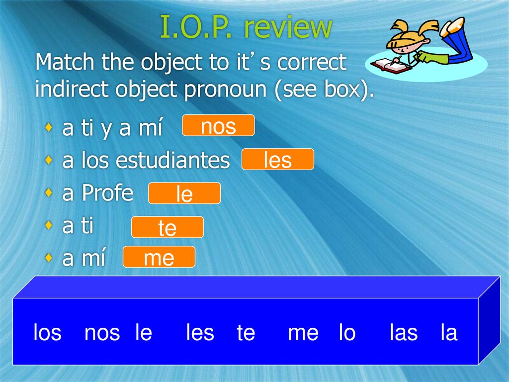 Match the object to it’s correct indirect object pronoun (see box).