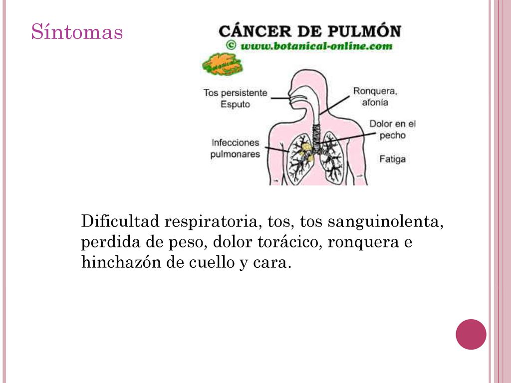Síntomas Dificultad respiratoria, tos, tos sanguinolenta, perdida de peso, dolor torácico, ronquera e hinchazón de cuello y cara.