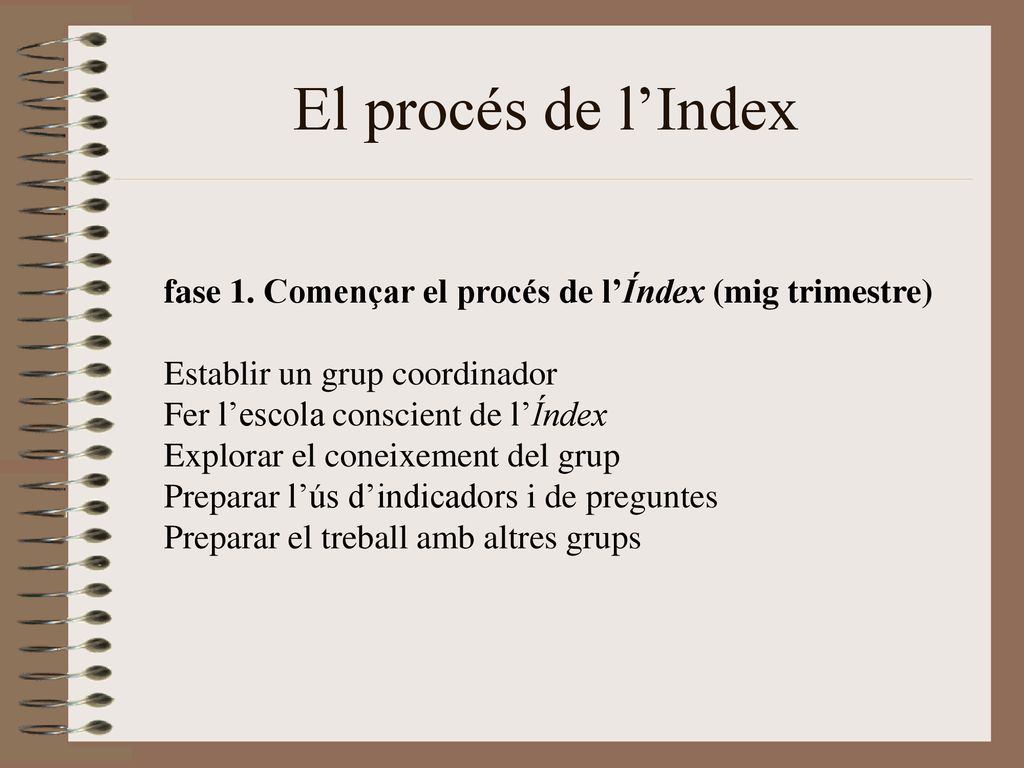 El procés de l’Index fase 1. Començar el procés de l’Índex (mig trimestre) Establir un grup coordinador.
