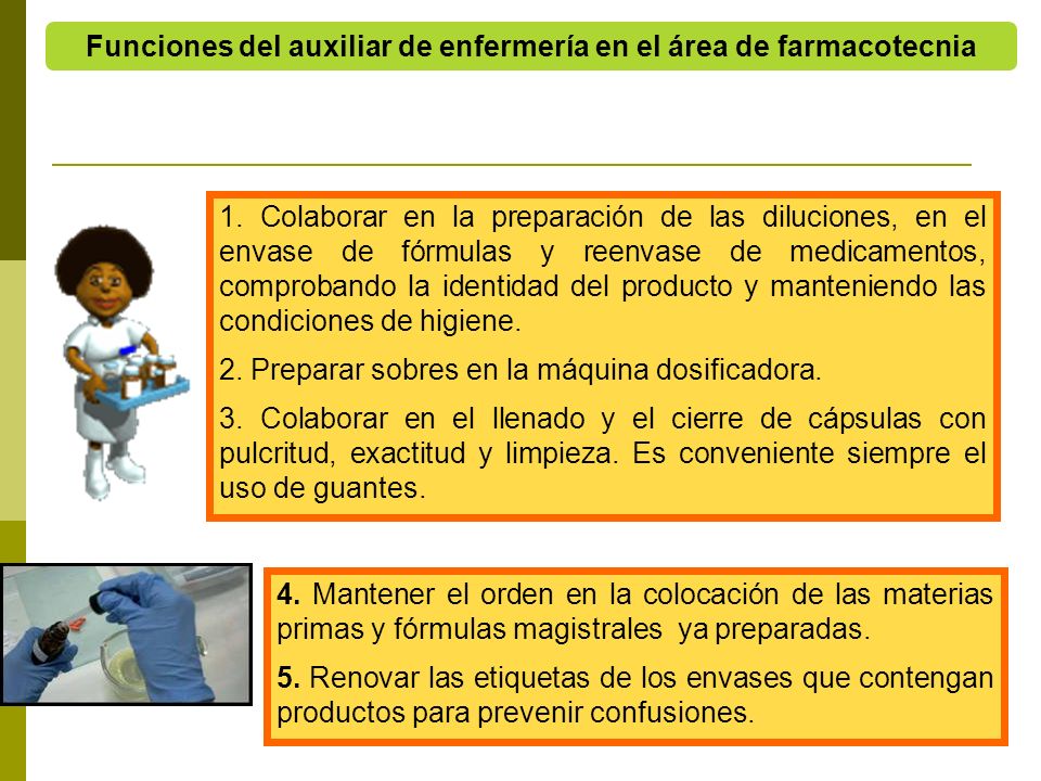 Funciones del auxiliar de enfermería en el área de farmacotecnia