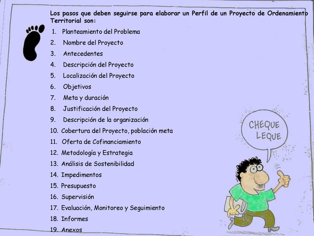 Los pasos que deben seguirse para elaborar un Perfil de un Proyecto de Ordenamiento Territorial son: