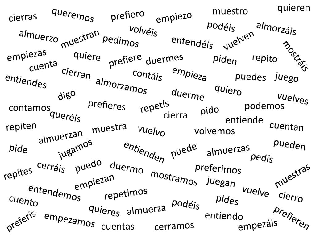 quieren muestro. queremos. prefiero. cierras. empiezo. podéis. almorzáis. volvéis. almuerzo.