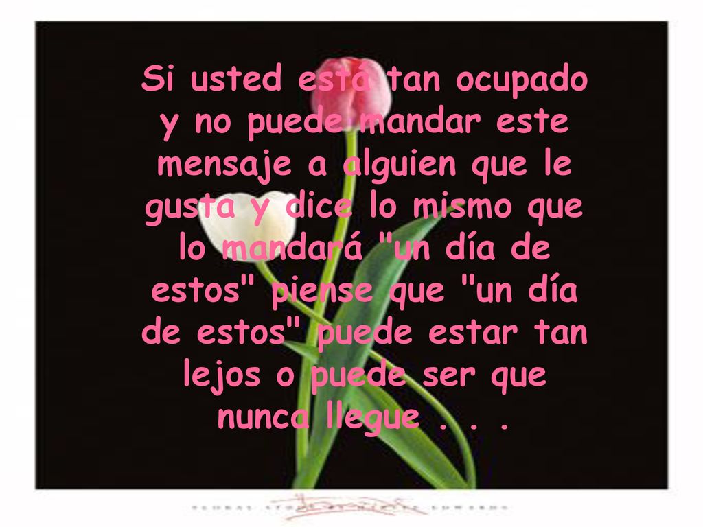 Si usted está tan ocupado y no puede mandar este mensaje a alguien que le gusta y dice lo mismo que lo mandará un día de estos piense que un día de estos puede estar tan lejos o puede ser que nunca llegue .