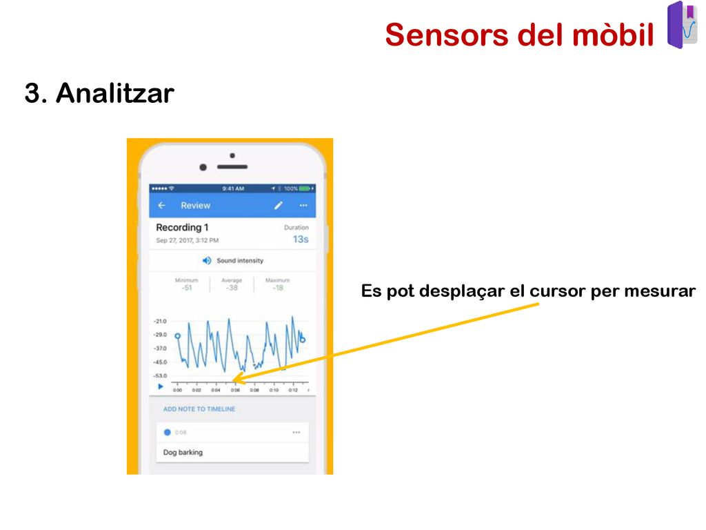 Sensors del mòbil 3. Analitzar Es pot desplaçar el cursor per mesurar