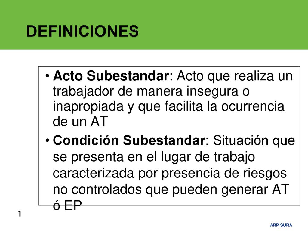 DEFINICIONES Acto Subestandar: Acto que realiza un trabajador de manera insegura o inapropiada y que facilita la ocurrencia de un AT.
