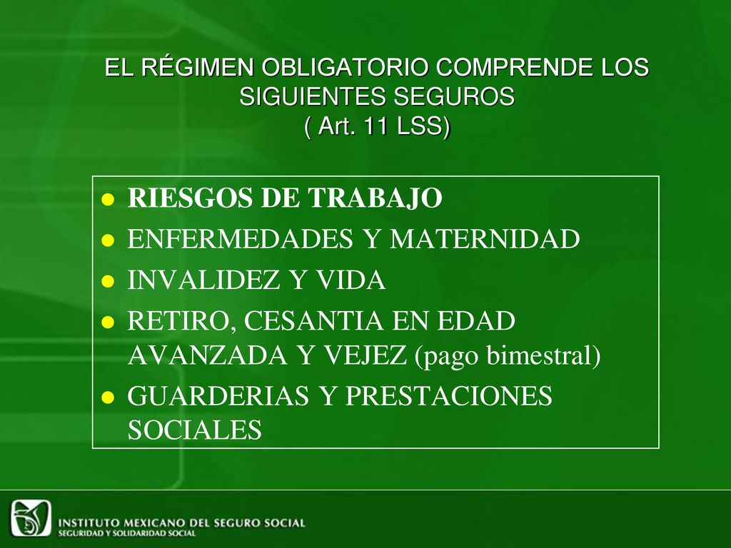 EL RÉGIMEN OBLIGATORIO COMPRENDE LOS SIGUIENTES SEGUROS ( Art. 11 LSS)