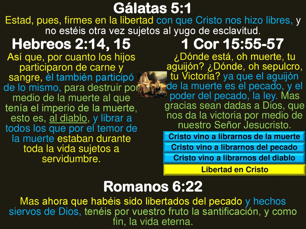 Gálatas 5:1 Hebreos 2:14, 15 1 Cor 15:55-57 Romanos 6:22