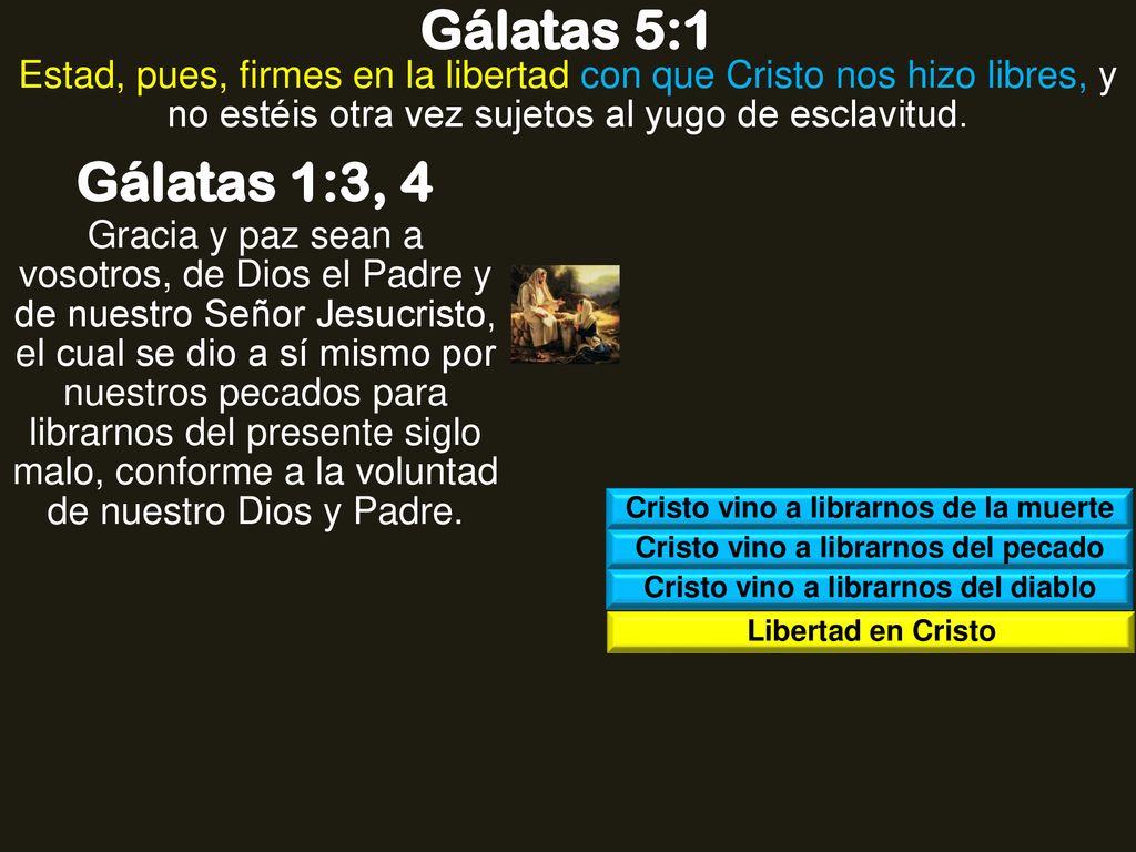Gálatas 5:1 Estad, pues, firmes en la libertad con que Cristo nos hizo libres, y no estéis otra vez sujetos al yugo de esclavitud.