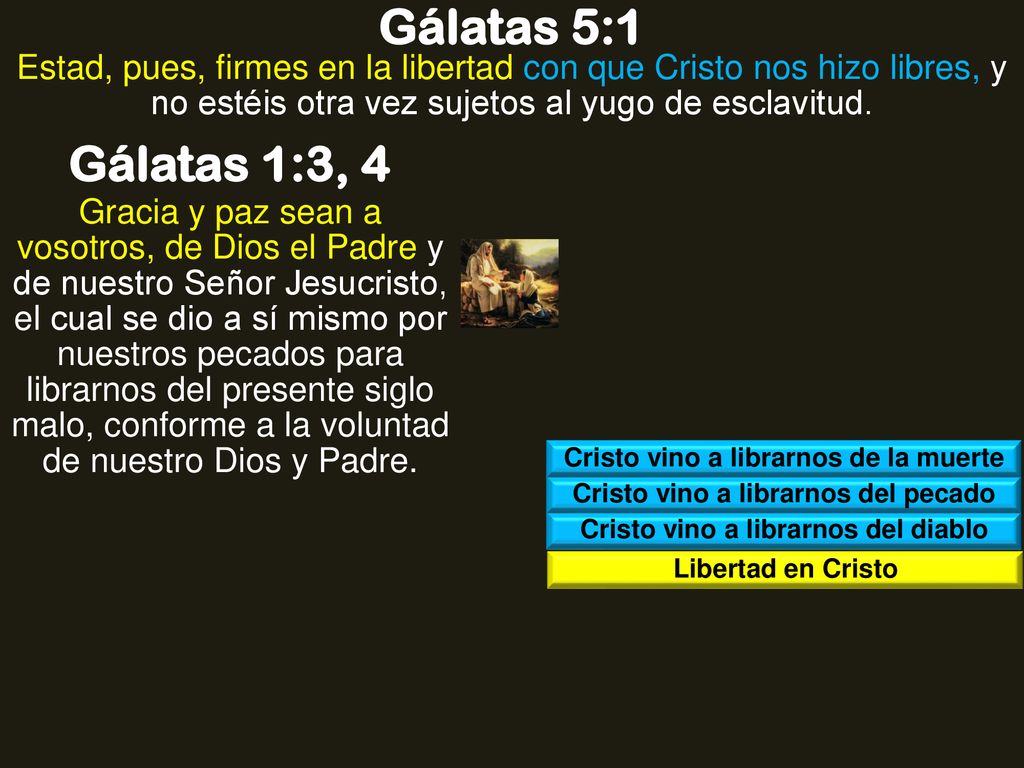 Gálatas 5:1 Estad, pues, firmes en la libertad con que Cristo nos hizo libres, y no estéis otra vez sujetos al yugo de esclavitud.
