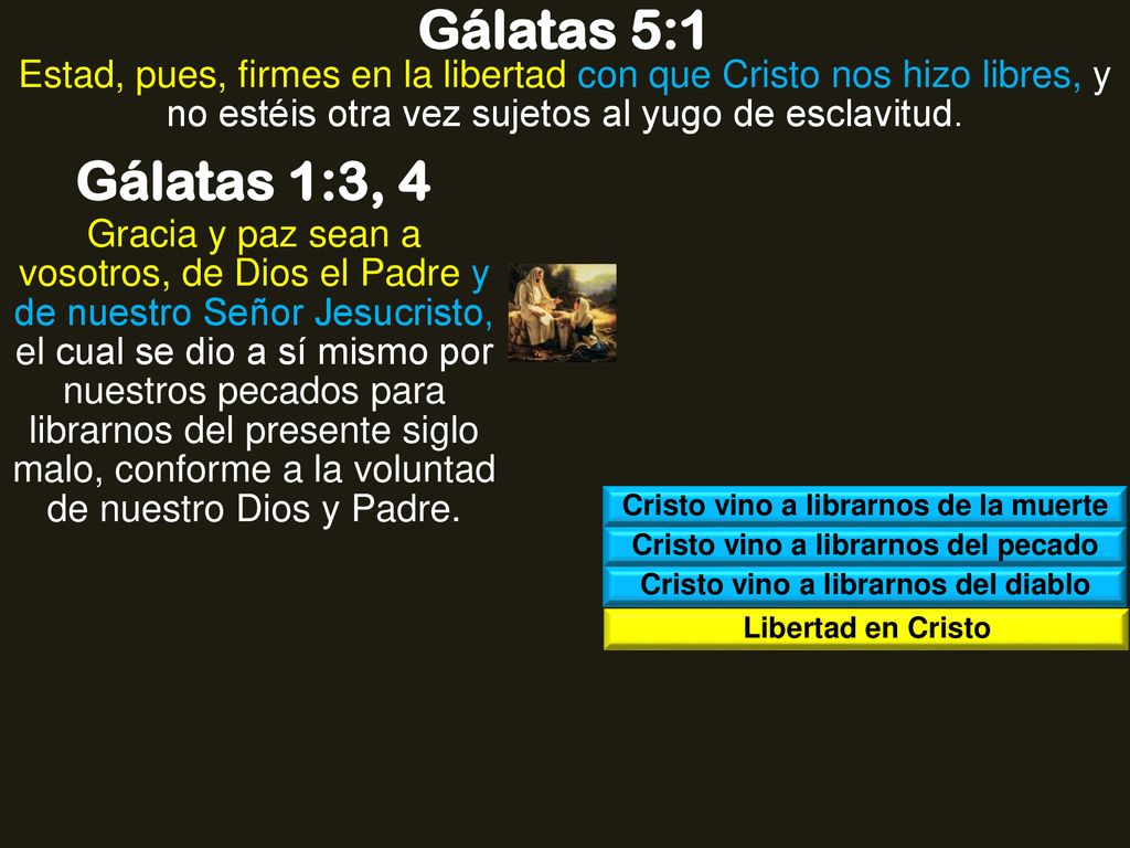 Gálatas 5:1 Estad, pues, firmes en la libertad con que Cristo nos hizo libres, y no estéis otra vez sujetos al yugo de esclavitud.