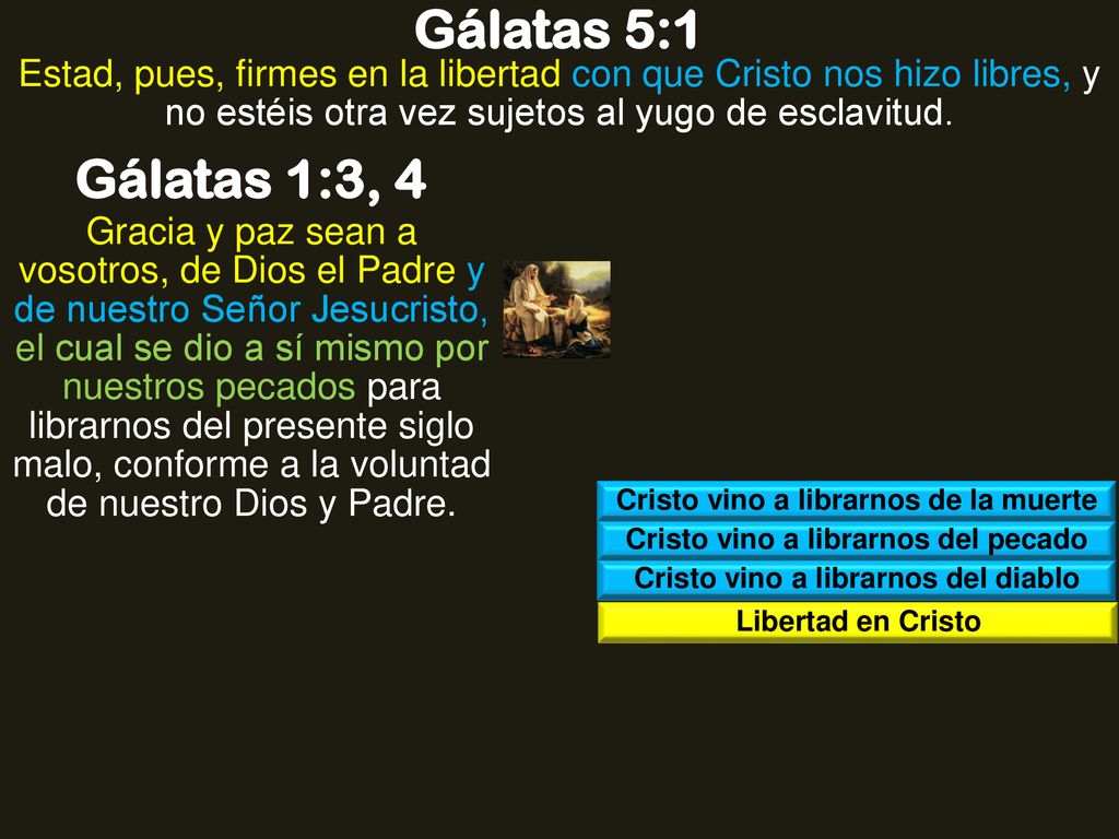Gálatas 5:1 Estad, pues, firmes en la libertad con que Cristo nos hizo libres, y no estéis otra vez sujetos al yugo de esclavitud.