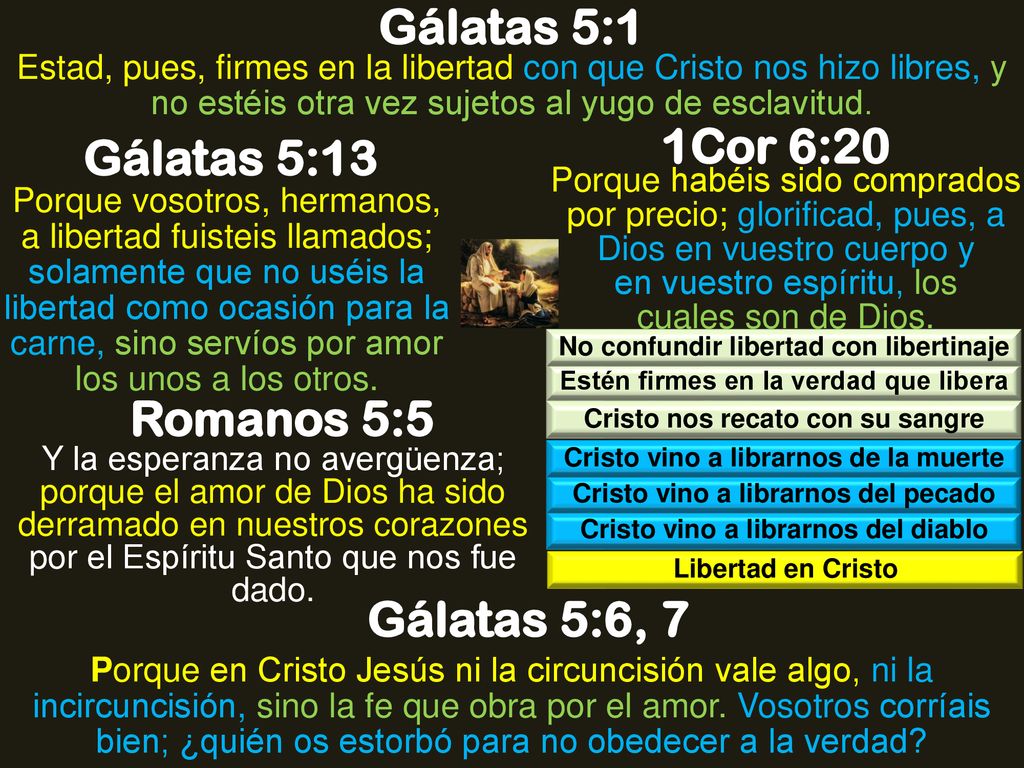 Gálatas 5:1 1Cor 6:20 Gálatas 5:13 Romanos 5:5 Gálatas 5:6, 7