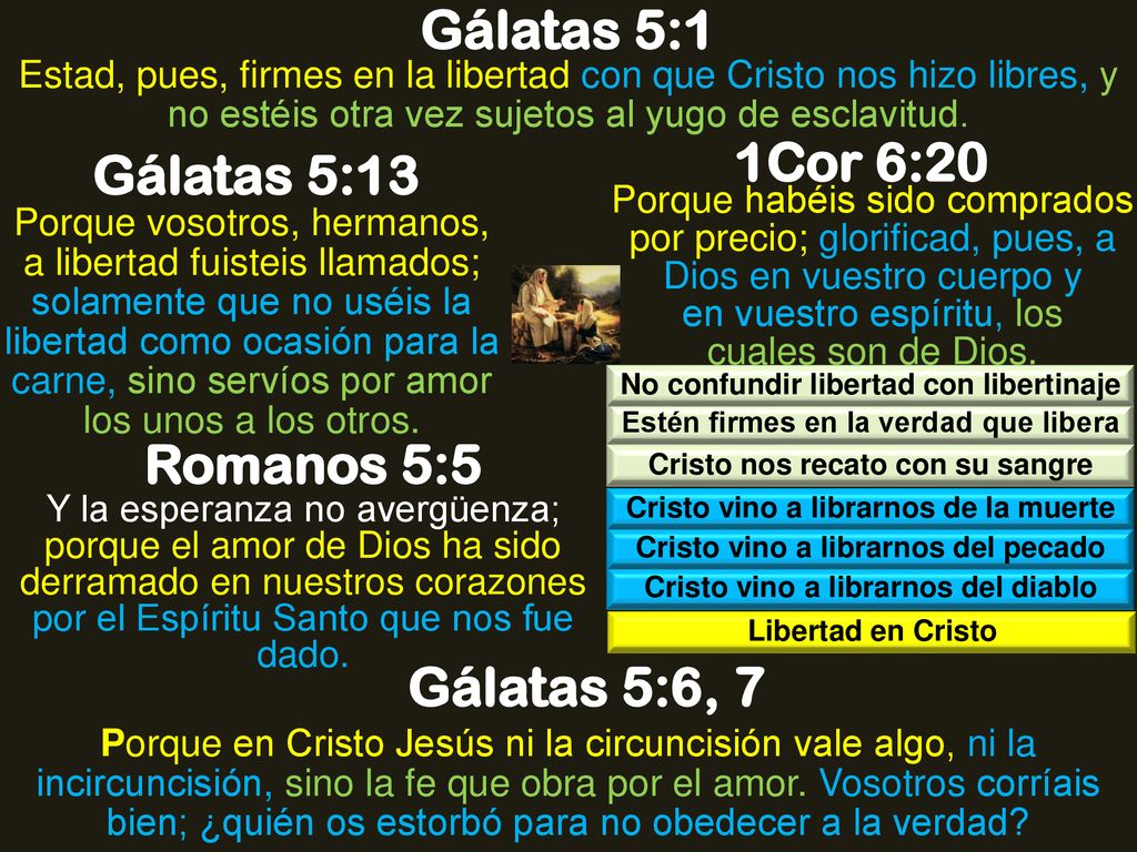 Gálatas 5:1 1Cor 6:20 Gálatas 5:13 Romanos 5:5 Gálatas 5:6, 7