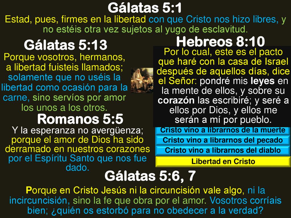 Gálatas 5:1 Hebreos 8:10 Gálatas 5:13 Romanos 5:5 Gálatas 5:6, 7