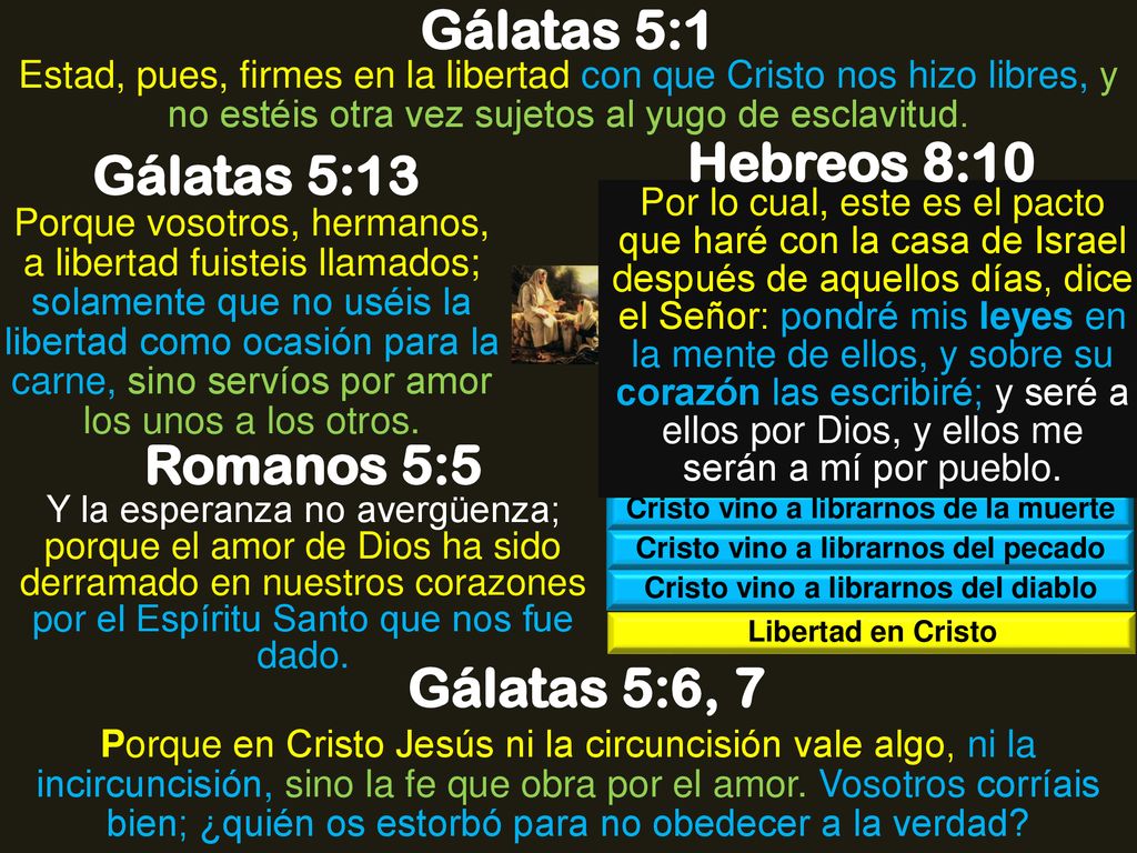 Gálatas 5:1 Hebreos 8:10 Gálatas 5:13 Romanos 5:5 Gálatas 5:6, 7