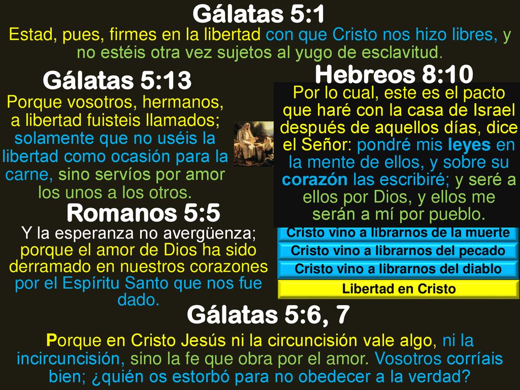 Gálatas 5:1 Hebreos 8:10 Gálatas 5:13 Romanos 5:5 Gálatas 5:6, 7