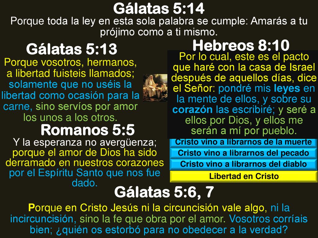 Gálatas 5:14 Hebreos 8:10 Gálatas 5:13 Romanos 5:5 Gálatas 5:6, 7