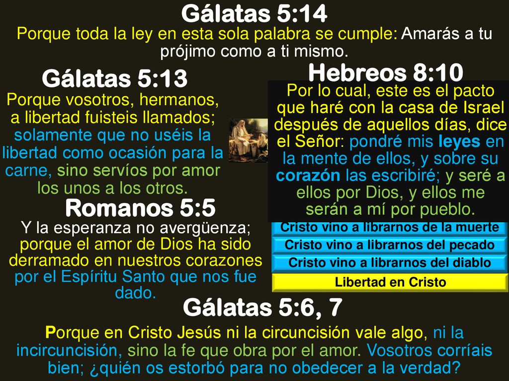 Gálatas 5:14 Hebreos 8:10 Gálatas 5:13 Romanos 5:5 Gálatas 5:6, 7