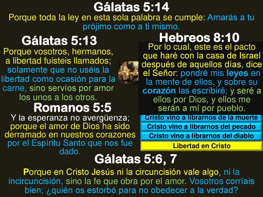 Gálatas 5:14 Hebreos 8:10 Gálatas 5:13 Romanos 5:5 Gálatas 5:6, 7