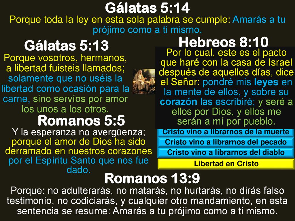 Gálatas 5:14 Hebreos 8:10 Gálatas 5:13 Romanos 5:5 Romanos 13:9