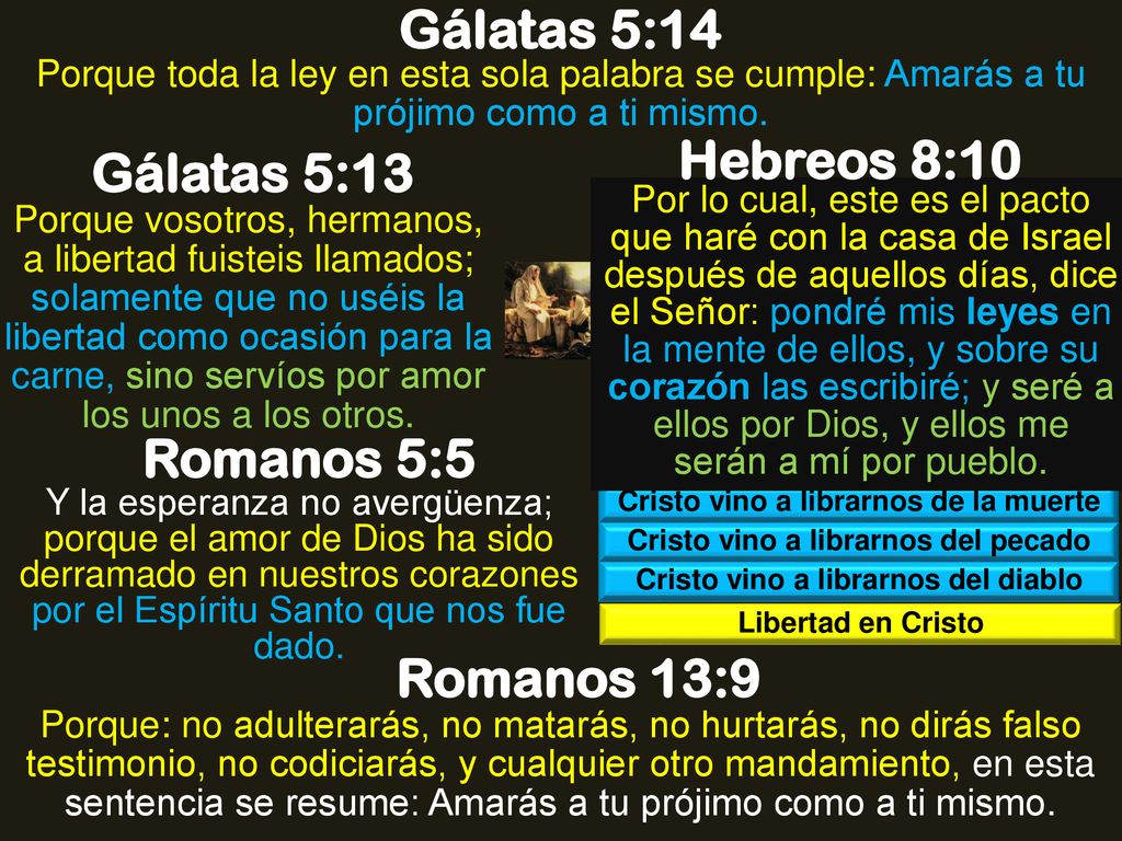 Gálatas 5:14 Hebreos 8:10 Gálatas 5:13 Romanos 5:5 Romanos 13:9